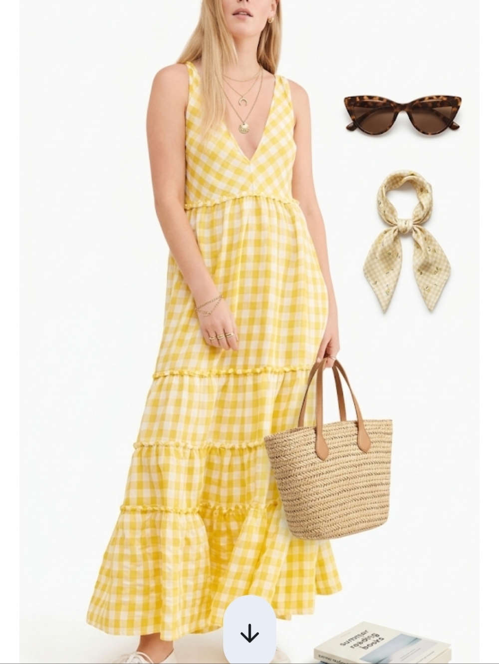 Free People Yellow Gingham Tiered V-Neck Maxi Dress